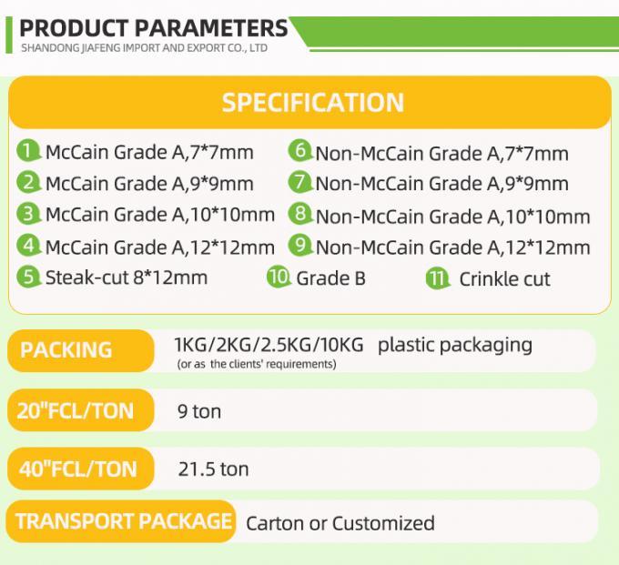 Otomatik Dondurulmuş Fransız Patatesleri Dondurulmuş Fransız Patatesleri Organik IQF Fransız Patatesleri Toplu Paketleme 10 Kg Taze Malzeme 0